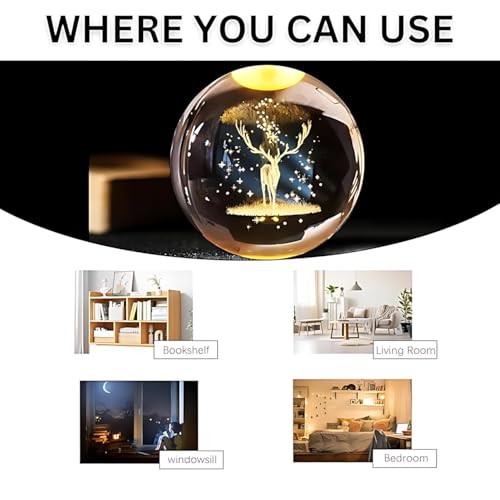 Image of 3D Crystal Ball Night Light with Wooden Base, Aesthetic Clear LED Lamp for Home and Bedroom Touch Switch, Warm Light for Kids and Teens Perfect Birthday & Anniversary (3D Deer Lamp)