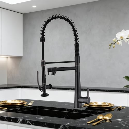 Image of Kitchen Faucet, Solid Brass Black + Brushed Gold Kitchen Faucet, Heavy Duty Spring Pre-Rinse Single Handle Kitchen Faucets with Pull Down Sprayer and Pot Filler, Commercial Style Sink Faucet
