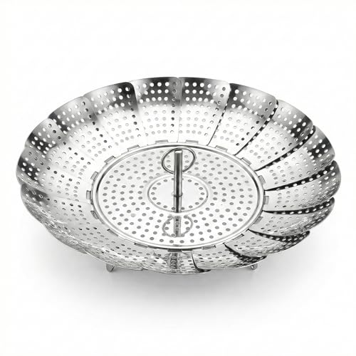 Cesto Retrátil em Aço Inox para Cozimento a Vapor - Diâmetro Ajustável 14cm a 24cm - Suporte para Legumes, Peixes e Ovos - Design Dobrável e Compacto com Pés de Apoio