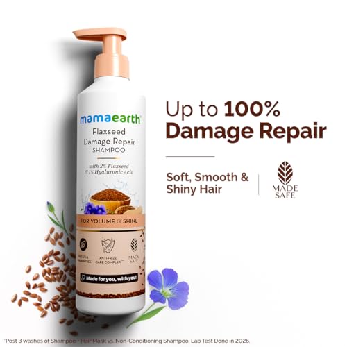 Image of Mamaearth Flaxseed Damage Repair Shampoo with 2% Flaxseed, 1% Hyaluronic Acid, Ceramides for Volume & Shine | 100% Damage Repair | Soft, Smooth & Shiny Hair | Dry & Frizzy Hair | Sulphate & Paraben Free | 250 ml