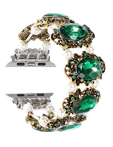 FTWIND Compatible With Apple Watch Band Bead Beaded iPhone Bracelet Strap Fancy Fashion Unique Pretty Replacement Jewelry Emerald Iwatch 38/44/42/40/41/45mm Series Green 38 6