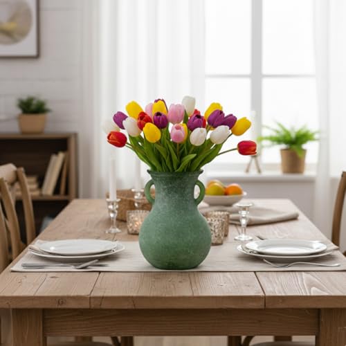 Green Glass Vase with Handles, 7.5 Inch Rustic pottery Style Flower Vase, Vintage Decorative Round Bud Jar for Dried Flowers, Earthy Aesthetic Centerpiece for Modern Farmhouse & Boho Spring Home Decor