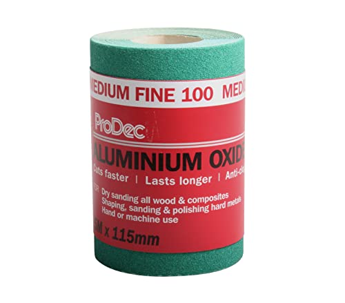 ProDec Rollo de 5 m de papel de lija abrasivo de óxido de aluminio verde de grano medio-fino para lijar madera, pintura, yeso, masilla, metal y más, 115 mm de ancho, compatible con lijadoras a máquina