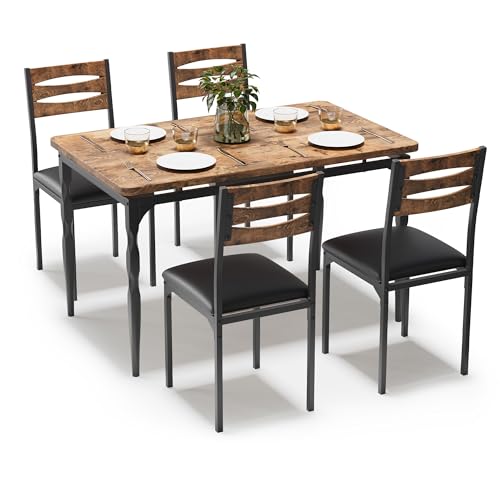 Image of Garvee 5 Piecs Dining Table Set, Farmhouse Style Dining Table and Chairs Set for 4, Dining Set for Dining Room Kitchen Apartment, Brown