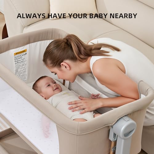 ANGELBLISS 3 in 1 Baby Bassinet, Rocking Bassinets Bedside Sleeper with Comfy Mattress and Wheels, 6 Height Adjustable Easy Folding Portable Bedside Crib for Newborn Infant (Khaki) - Image 5