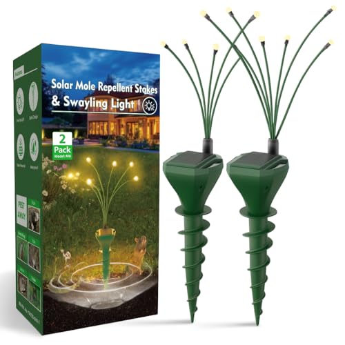 Mole Repellent with Swaying Lights Solar Powered 2 Pack - Deterrent Stake with Lights, Sonic Spikes...