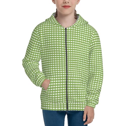 Green Gingham Kid Hoodies Boys Zip Up Sweatshirts Girls Pullover with Pocket3