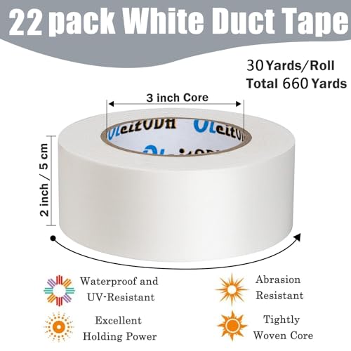 Image of 22 Pack White Duct Tape Bulk - 660 Yards x 2 Inch Heavy Duty Tape, Strong No Residue All-Weather, Tear by Hand, Multi-Use for Indoor & Outdoor Repairs, Industrial, Professional Use