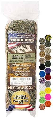 TOUGH-GRID 550 Paracord, Type III Mil-Spec Nylon Rope - 150 Ft Camo Tri-Pack Tactical Survival Cord