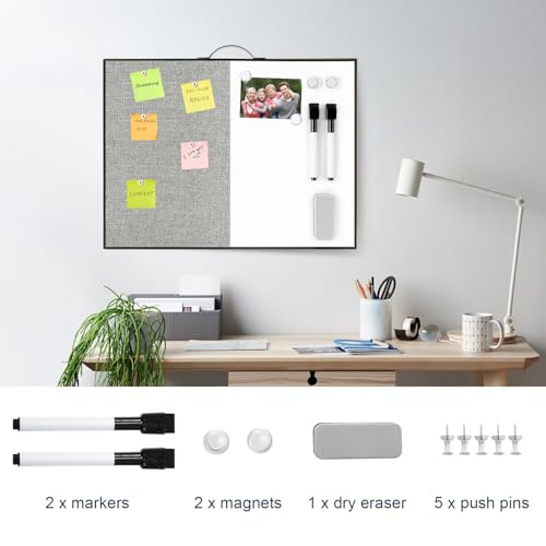 Image of Small White Board Cork-Board Combo - 16 X 12 inches Gray Linen Board & Magnetic Dry Erase Board for Wall, Mini Bulletin Cork Board with Holder for Office, Home and School