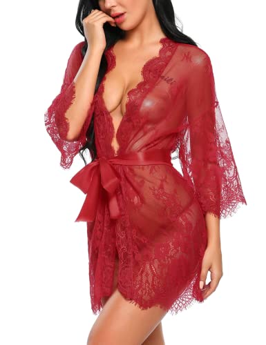 Avidlove Lingerie Kimono Women's Lace Kimono Robe Babydoll Lingerie Mesh Nightgown Dark Red M #TOP2