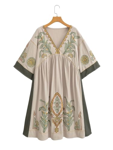 Womens Oversized Floral Embroidered Long Dress with V-Neck and 3/4 Sleeves Vintage Embroidery Babydoll Dress2