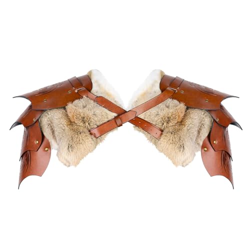 Viking Fur Shoulder Armor,Medieval Faux Leather Armor Renaissance Accessories Knight Double Pauldron for LARP/Cosplay Ren Faire Brown