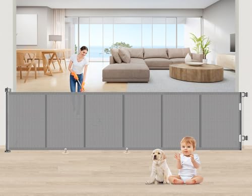 Image of Upgrade 150 inch Retractable Baby Gates, EZIGO Extra Wide Baby Gate for Large Opening Extra Long Mesh Gate for Kids or Pet Dog Gate Child Safety Gate for Stairs Hallways Doorway Indoor Outdoor, Gray