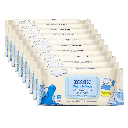 Image of Maate Baby Wipes (Pack of 10, 720 Wipes) | Soothing & Hypoallergenic | Infused With Plant Squalane, Tamanu Oil & Aloe Vera | & Hydrating | Wipe for Baby's | Paraben & Sulphate Free