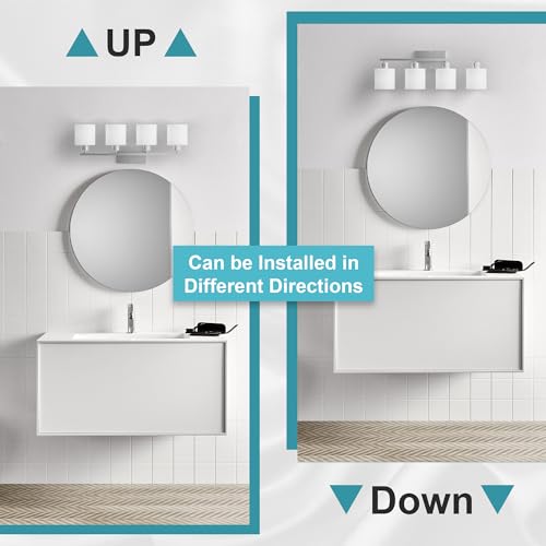 Image of Bathroom Lights Over Mirror Brushed Nickel, Anti-Rust 4-Light Bathroom Vanity Light Fixtures, Modern 24Inches Wall Sconces E26 Base, Milky White Glass Shades, Bulbs Not Included