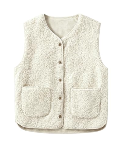HUVZOR 1 chaleco de piel de oveja para mujer, chaleco ligero sin mangas cálido para otoño/invierno, chaqueta de piel ligera de color liso con cuello en V y bolsillos para mujer, blanco roto, talla M