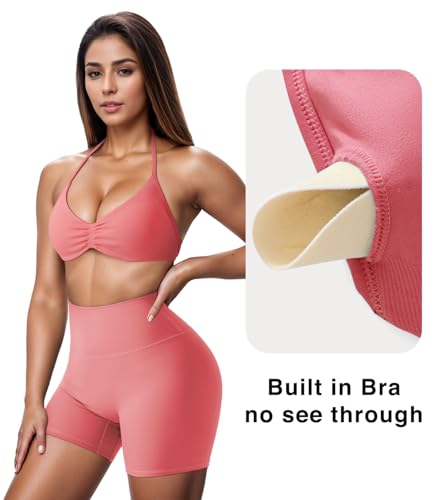 Image of OMKAGI Halter Sports Bras for Women Padded Strappy Bra Open Back Workout Gym Crop