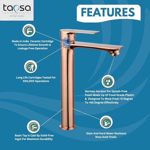 Image of Tapsa Kubix Series Brass Rose Gold Single Lever Basin Mixer Faucet | Modern Single Lever | 12 Inch Tall Body Tap | Hot & Cold Water Mixer for Bathroom, Kitchen Basin Mixer Faucet