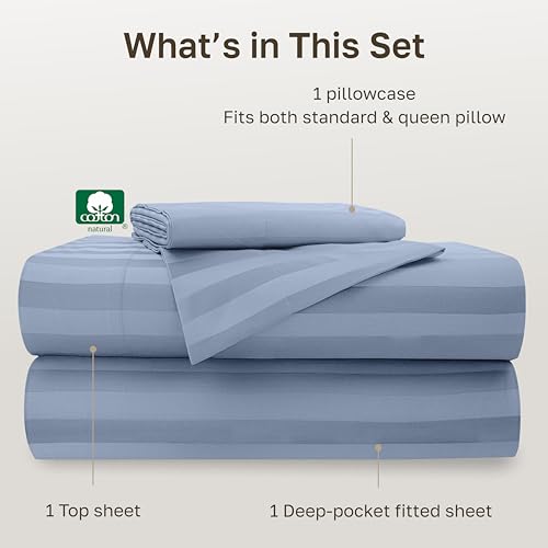 Image of California Design Den 500TC 100% Cotton Twin Sheets Set, Light Blue Stripe | Good Housekeeping Seal, OEKO-TEX Certified, Silky-Soft Sateen Weave, 3pc Set, 15 inch Deep Pockets, For Hot Sleepers, All-Season