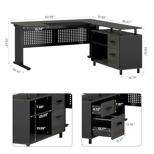 Image of Tribesigns 63 Inch Executive Desk with File Cabinet | Office Desk with File Drawer, L Shaped Desk with Storage Shelf, Large Desk, Business Furniture Set, Gray and Black