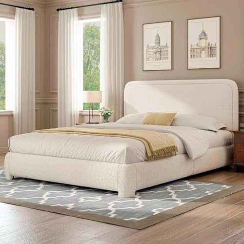 Image of BarnFurin Queen Bed Frame, Cloud Boucle Headboard, Rounded Corners, Beige | Soft boucle and rounded edges create a low-profile cloud look. Wooden slats support the mattress without a box spring