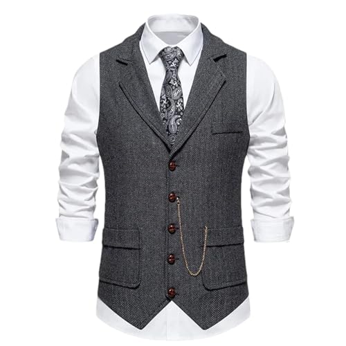 Mnjyihy Mens Western Suit Vest Fashion Chain Accessories Single Breasted Woolen Tweed V Neck Slim Fit Waistcoat