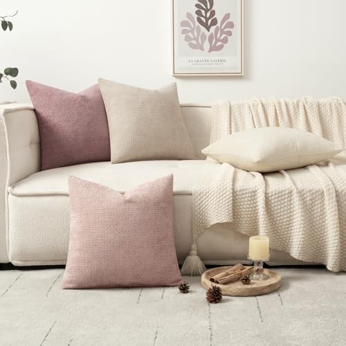 Image of MIULEE Pack of 4 Valentines Couch Throw Pillow Covers 20x20 Inch Neutral Pink Cute Decorative Chenille Pillows Farmhouse Boho Accent Cushion Covers for Coquette Room Spring Decor Sofa Bed Living Room