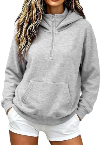 fleece half zip pullover women,Womens Quarter Zip Pullover Casual Long Sleeve Workout Sweatshirts Oversized Hoodies with Pocket Lightweight Y2K Pullover 2026 Preppy Clothes Grey - 2