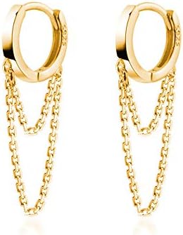 Reffeer 925 Sterling Silver Tassel Chain Drop Dangle Small Hoop Earrings Huggie for Women Teen (C-Gold)