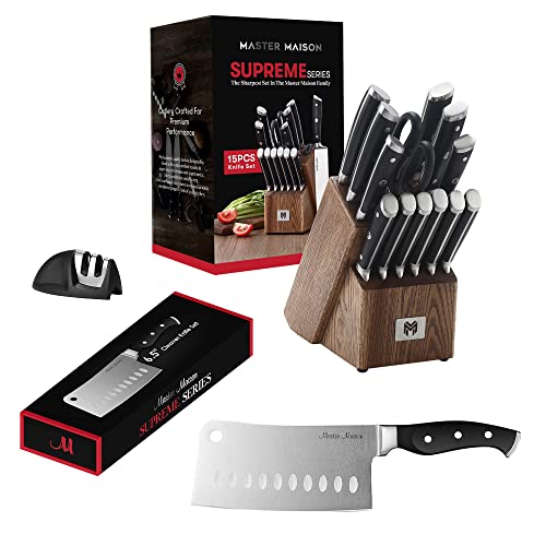 Master Maison Premium Black/Wood Professional Knife Set With Bonus Cleaver | Anti-Rust German Stainless Steel Kitchen Knife Set With Butcher Block & Knife Sharpener | Ergonomic, Full-Tang Handles #TOP9