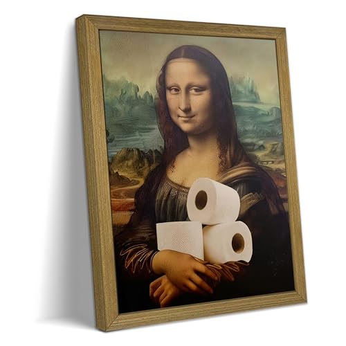 HYRA Vintage Mona Lisa Bathroom Wall Art, Funny Abstract Mona Lisa Paper Roll Wall Decor, Humor Amusing restroom Canvas Print Painting for Toilet Bathroom Home Decor 16x24 Inch Framed