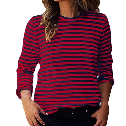 Camiseta de manga larga para mujer, camiseta moderna con bloque de color a rayas, cuello redondo informal, camiseta de corte normal, tops rave, rojo, XXL