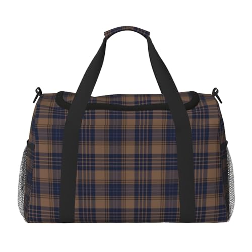 Brown Blue Tartan Plaid Lightweight Travel Duffle Bag – Spacious Overnight Bag With Mesh Side Pockets, Adjustable Strap & Reinforced Design