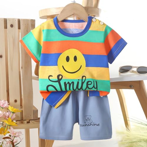 Image of Bold N Elegant Kids Cartoon Stripe Print Cotton Cute Half Sleeve T-shirt and Shorts Clothing Set for Infant Toddler Baby Boy Girl