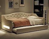 Merax Twin Size Linen Corner Daybed with Trundle and LED Belt, Upholstered Headboard Wooden Captain Sofa Bed Frames for Small Room, Bedroom, Guest Room, Kids' Room, White