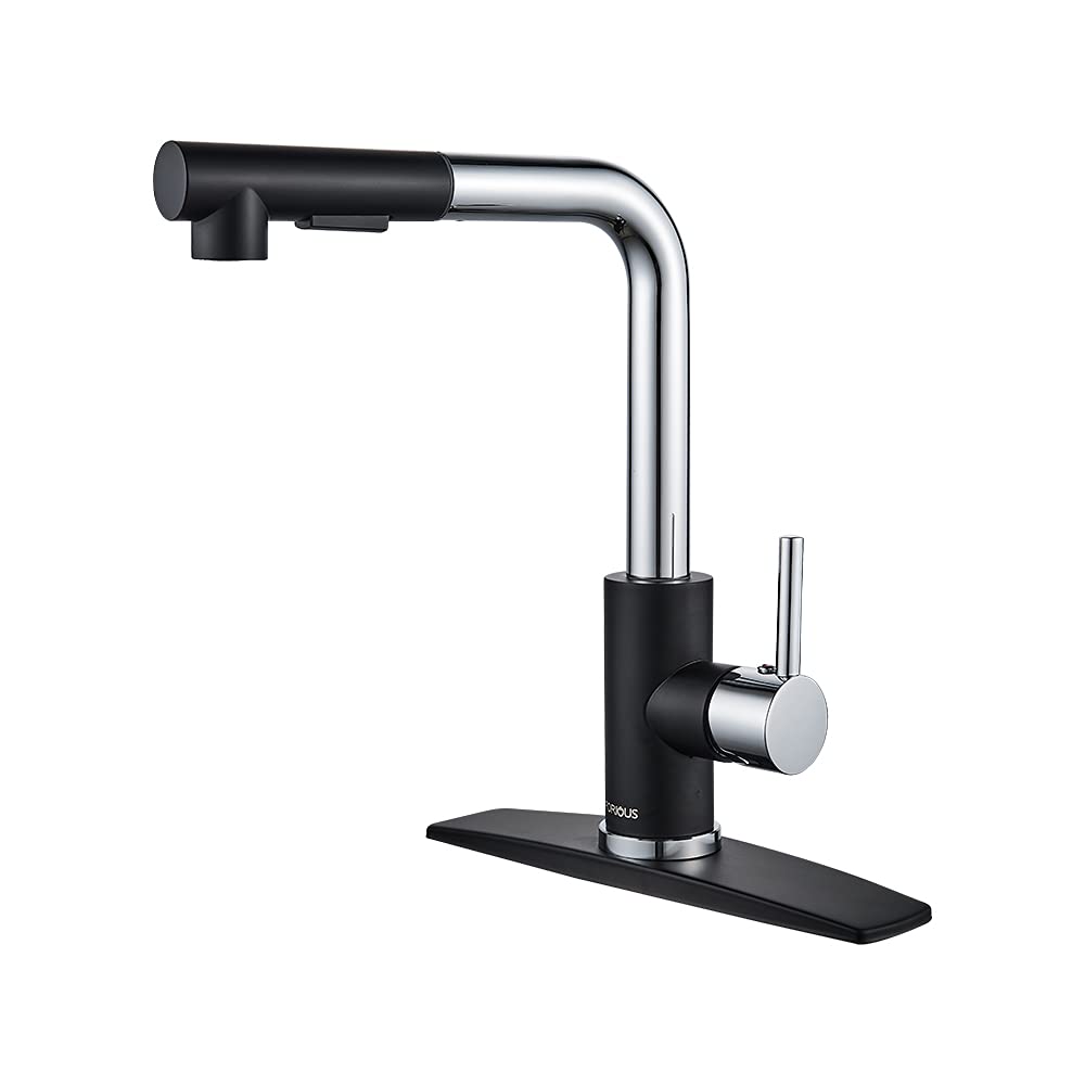 FORIOUSKitchen Faucet, Kitchen Sink Faucet with Pull Down Sprayer, Commercial Pull Out Kitchen Faucet for Sink 1 or 3 Hole, Single Handle Stainless Steel Sink Faucet for Bar RV Laundry, Black Chrome