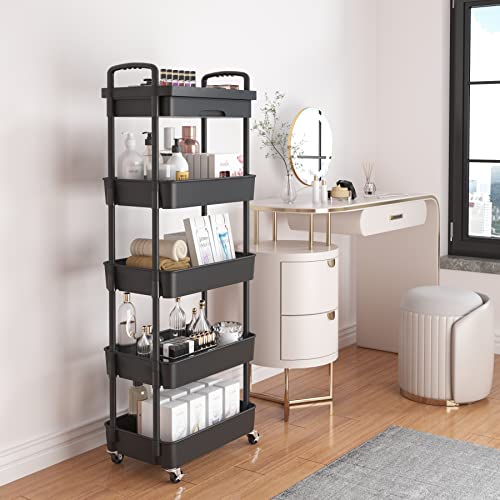 Image of Calmootey 5-Tier Utility Cart with Drawer & Wheels, Storage for Home,Office | Space-Saving Organizer, Sturdy Plastic Shelves, Smooth-Rolling Metal Wheels, Built-in Drawer for Small Items, Black