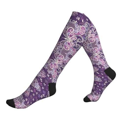 Calcetines de compresión con estampado de mariposas moradas para hombres y mujeres, hasta la rodilla, adecuados para correr, viajar y volar, 1 par, 2 Negro-2, Altoa única