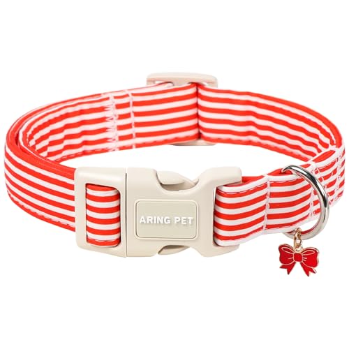 ARING PET Stripe Dog Collar Cute Spring Summer Red Stripe Pet Collars with Bow Charm for Puppy Small Medium Large Boy Girl Dogs for Daily Outdoor Walking Beach Stroll-S