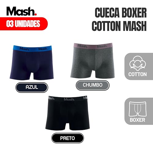 MASH Kit 3 Cuecas Boxer Cotton Elástico Exclusivo Adulto Masculino, 1 Azul Marinho - 1 Cinza Mescla