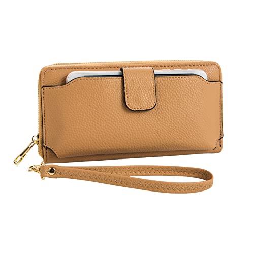 AMNF Damen-Geldbörse mit Handgelenk, mit Handy-Halterung, Reißverschluss, camel, Large Cover