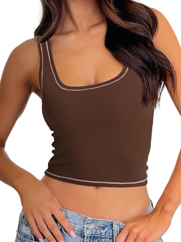 Danysu Women Cotton Rib Tank Top with Built in Bra Square Neck Crop Tank Fitted Basic Tops Cocoa S