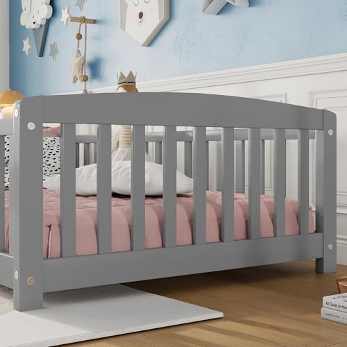 Image of Bellemave Twin Size Montessori Floor Bed Frame with High Fence, Solid Wood Kids Floor Bed with Central Entrance, Low Profile Bed for Boys & Girls, Rounded Corner Design,Gray