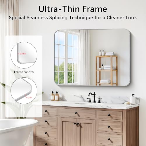 Image of DESBING 40 inchx30 inch Bathroom Mirror for Over Sink, Silver Framed Wall Mirror | High-Definition Shatterproof Vanity Mirror with Rounded Corner for Bedroom Living Room Entryway Horizontally or Vertically