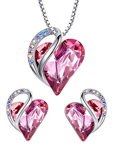 Leafael Infinity Love Heart Jewelry Set Bundle with Tourmaline Rose Pink Birthstone Crystal for October, Gifts for Women, Necklace & Earrings , Silver-tone