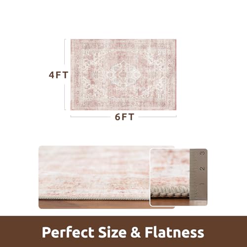 AMOAMI 4x6 Soft Vintage Area Rug - Non-Slip Washable Rug for Living Room, Bedroom, Dining Room, Office - Pink