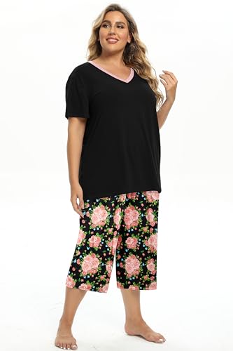 Image of Vozanet Women's V Neck Sexy Pajamas Capri Sets Mexican Style Floral Sleepwear 2PCS Totem Casual Nighty Plus Size M to 5XL