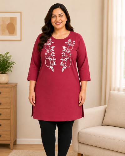 Image of RYSH Women's Plus Size Printed Nightshirt | Round Neck | 3 /4 Sleeve | Relaxed Fit Long Nightwear Top |