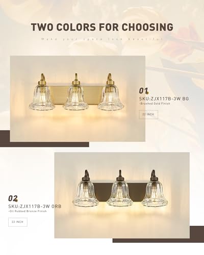 Image of zeyu 3-Light Gold Bathroom Vanity Light with Clear Striped Glass, Modern Brass Vanity Light for Bathroom Mirror, 22 Inch Bathroom Lights Over Mirror, ZJX117B-3W BG